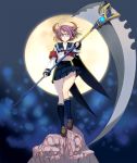  1girl bangs black_legwear black_skirt blue_eyes blurry blurry_background breasts demon_horns full_body full_moon glasses highres holding holding_scythe horns loafers looking_at_viewer masao medium_breasts moon navel night original pink_hair pleated_skirt sailor_collar school_uniform scythe serafuku shirt shoes short_hair skirt socks solo standing white_shirt wind 