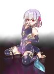  1girl :d bare_shoulders breastplate dagger earrings elbow_gloves eyebrows_visible_through_hair fate/grand_order fate_(series) gloves hair_ribbon high_heels jewelry kama_(fate/grand_order) navel negi_(ulog&#039;be) open_mouth purple_eyes purple_gloves purple_hair purple_legwear ribbon ring see-through short_hair sitting smile solo thighhighs wariza weapon 