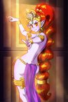  1girl ass back bare_back braid breasts covered_breasts covering covering_breasts dancer dancer_shantae dancing dark_persona dimples_of_venus evil_grin evil_smile female genie grin half-closed_eyes highres linkerluis looking_at_viewer midriff nega-shantae purple_skin red_eyes red_hair seductive shantae_(character) shantae_(series) smile solo standing tagme thick_thighs thighs topless wayforward 
