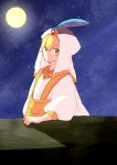  1boy aladdin_(character) aladdin_(character)_(cosplay) aladdin_(disney) ali_baba_saluja bangs blonde_hair cape commentary_request cosplay feathers full_moon gem hair_between_eyes hat_feather long_sleeves looking_at_viewer magi_the_labyrinth_of_magic male_focus moon night night_sky outdoors puffy_sleeves robe sash shadow short_hair sky solo tsu-an upper_body veil white_cape white_headwear white_robe yellow_eyes yellow_sash 