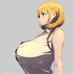  1girl bare_shoulders blonde_hair breasts brown_eyes bursting_breasts button_gap collared_shirt commentary_request from_side grey_background hair_ornament hairclip highres huge_breasts narusawa_ryouka occultic;nine shirt short_hair sleeveless sleeveless_shirt strap user_ywru4775 