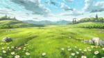  cloud cloudy_sky commentary_request day flower grass landscape meadow mountainous_horizon no_humans original outdoors scenery shiki_makoto sky stone tree urashimasakatasen 