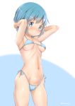  1girl abutomato arms_up bikini blue_background blue_bikini blue_eyes blue_hair blush breasts cameltoe closed_mouth commentary_request eyebrows_visible_through_hair groin highres looking_at_viewer mahou_shoujo_madoka_magica medium_breasts micro_bikini miki_sayaka navel shiny shiny_hair shiny_skin short_hair smile solo standing stomach string_bikini swimsuit two-tone_background underboob white_background 