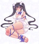 1girl ass bangs bare_shoulders barefoot black_hair blue_eyes blush breasts cleavage dress dungeon_ni_deai_wo_motomeru_no_wa_machigatteiru_darou_ka elbow_gloves eyebrows_visible_through_hair full_body gloves hair_ornament hestia_(danmachi) highres large_breasts legs long_hair looking_at_viewer lying on_side panties smile solo thescarletdevil tied twintails underwear white_background white_dress white_gloves white_panties 
