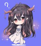  1girl :o ? antenna_hair bangs bare_arms bare_shoulders barefoot blush breasts brown_hair chibi cleavage cottontailtokki crescent danua draph dress eyebrows_visible_through_hair full_body granblue_fantasy hair_between_eyes highres horn_ornament horns long_hair medium_breasts multicolored_hair parted_lips pointy_ears red_eyes sleeveless sleeveless_dress solo sparkle standing two-tone_hair very_long_hair white_dress 