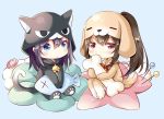  2girls animal_costume animal_ears animal_hood bangs bell blue_background blush brown_hair cartoon_bone cat_costume cat_ears cat_girl cat_hood cat_tail chibi closed_mouth commentary_request covered_mouth dog_costume dog_ears dog_girl dog_hood dog_tail eyebrows_visible_through_hair hair_between_eyes hair_through_headwear high_ponytail highres hood hood_up jingle_bell long_hair multiple_girls original ponytail red_eyes shiro_kuma_shake sidelocks sitting smile stuffed_animal stuffed_fish stuffed_toy tail very_long_hair 