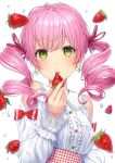  1girl bangs blush center_frills collared_shirt commentary_request daidai_jamu dress_shirt drill_hair eyebrows_visible_through_hair flower food frills fruit gingham green_eyes hair_between_eyes hair_ribbon hand_up high-waist_skirt highres holding holding_food long_sleeves looking_at_viewer original parted_lips pink_hair puffy_long_sleeves puffy_sleeves red_ribbon red_skirt ribbon shirt shoulder_cutout skirt solo strawberry twin_drills twintails water_drop white_flower white_shirt 