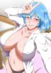  1girl bed blue_hair breasts highres huge_breasts jyouden no_bra smile solo 