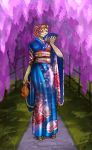  2018 clothed clothing crossdressing eliana-asato fan_(disambiguation) felid feline flower hair hi_res japanese_clothing kimono lion mammal nature orange_hair pantherine plant 