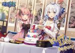  2girls ahoge alternate_costume azur_lane blue_eyes blush cake candle commentary_request flower food food_in_mouth fork hair_flower hair_ornament hair_ribbon illustrious_(azur_lane) korean_clothes korean_text looking_at_viewer low_twintails medium_hair multiple_girls official_art pink_hair plate pot purple_eyes ribbon saratoga_(azur_lane) short_hair silver_hair sparkle sparkling_eyes table tea twintails 
