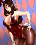  1girl absurdres animal_ears argyle argyle_background bangs bare_shoulders blue_eyes breasts brown_hair brown_legwear bunny_ears bunny_tail cleavage closed_mouth covered_navel fate/grand_order fate_(series) forehead hair_between_eyes hand_on_hip highleg highleg_leotard highres hip_focus kisaragi_(legobionicle23) large_breasts leonardo_da_vinci_(fate/grand_order) leotard long_hair looking_at_viewer pantyhose parted_bangs red_leotard smile solo stripper_pole tail thighs wrist_cuffs 