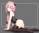  1boy absurdres all_fours ass astolfo_(fate) bangs bare_arms bare_shoulders black_bow black_ribbon black_shirt bow braid brown_legwear closed_mouth commentary eyebrows_visible_through_hair fang fate/apocrypha fate_(series) from_side full_body grey_background hair_between_eyes hair_bow hair_intakes hair_over_shoulder hair_ribbon half-closed_eyes head_tilt highres jtleeklm long_hair looking_at_viewer looking_to_the_side male_focus multicolored_hair pink_eyes pink_hair ribbon shirt signature simple_background single_braid sleeveless sleeveless_shirt smile smug solo streaked_hair thighhighs trap white_hair 