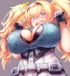  1girl blonde_hair blue_eyes blue_shirt blush breast_pocket breasts cleavage_cutout collared_shirt eyebrows_visible_through_hair gambier_bay_(kantai_collection) gloves hair_between_eyes hairband kantai_collection large_breasts mogera81 multicolored multicolored_clothes multicolored_gloves open_mouth pocket shirt solo twintails 