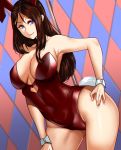  1girl absurdres animal_ears argyle argyle_background bangs bare_shoulders blue_eyes breasts brown_hair bunny_ears bunny_tail cleavage closed_mouth covered_navel fate/grand_order fate_(series) forehead hair_between_eyes hand_on_hip highleg highleg_leotard highres hip_focus kisaragi_(legobionicle23) large_breasts leonardo_da_vinci_(fate/grand_order) leotard long_hair looking_at_viewer parted_bangs red_leotard smile solo stripper_pole tail thighs wrist_cuffs 