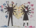  1boy 1girl animal_ears arare_(araremode) black_hair bow bow_(weapon) brown_hair cat_ears drawing_bow dynamite extra_arms fake_animal_ears flat_color flower gakuran grey_background gun hair_bow heart icon kaguya-sama_wa_kokurasetai_~tensai-tachi_no_renai_zunousen~ letter line_(naver) long_skirt love_letter pleated_skirt poison red_bow rose schedule school_uniform shinomiya_kaguya shirogane_miyuki simple_background skirt sparkle sword ticket weapon 