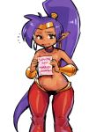  1girl artist_request blush book earrings highres jewelry looking_at_viewer navel pointy_ears ponytail purple_hair shantae_(character) shantae_(series) tears wide_hips 