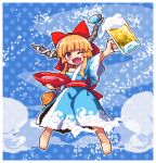 1girl ;d alcohol alternate_costume arm_up bangs bare_shoulders barefoot beer_mug blue_background blue_kimono blue_ribbon bow cloud_print commentary_request cup fang full_body hair_bow holding holding_cup horn_ribbon horns ibuki_suika japanese_clothes kimono kumamoto_(bbtonhk2) long_hair looking_at_viewer low-tied_long_hair lowres obi off_shoulder one_eye_closed oni oni_horns open_mouth orange_eyes orange_hair outline pixel_art polka_dot polka_dot_background red_bow red_sash ribbon sakazuki sake sash sidelocks smile solo sparkle touhou very_long_hair white_outline 