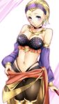  1girl black_bra black_legwear blonde_hair blue_eyes bra breasts character_request choker cleavage cowboy_shot detached_sleeves dragon_quest dragon_quest_xi hairband highres imo_(evekelu-111) long_sleeves looking_at_viewer medium_breasts pantyhose parted_lips polka_dot polka_dot_bra purple_hairband purple_sleeves short_hair solo standing strapless strapless_bra underwear 