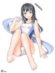  1girl absurdres alternate_costume artist_logo artist_name asashio_(kantai_collection) bare_legs barefoot black_hair blue_eyes blush breasts character_name collarbone competition_swimsuit eyebrows_visible_through_hair feet full_body hair_between_eyes highleg highres kantai_collection lips long_hair looking_at_viewer notchi one-piece_swimsuit open_mouth simple_background sitting small_breasts solo swimsuit tongue towel white_background white_swimsuit 