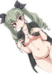  1girl anchovy bangs black_cape black_panties black_ribbon blush breasts cape cleavage closed_mouth collarbone cowboy_shot dress drill_hair eyebrows_visible_through_hair frown girls_und_panzer grey_hair groin hair_ribbon hands_on_own_chest highres long_hair looking_at_viewer medium_breasts navel no_bra nose_blush panties red_eyes ribbon side-tie_panties simple_background solo standing thigh_gap twin_drills twintails underboob underwear wan&#039;yan_aguda white_background 