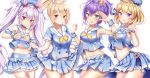  4girls :d :o absurdres anchor_print animal_ears aqua_eyes armpit_peek armpits ayanami_(azur_lane) azur_lane bangs bare_arms bare_shoulders beret blonde_hair blue_choker blue_headwear blue_shirt blue_shorts blue_skirt blush bow bowtie breasts bunny_ears bunny_tail buttons choker collarbone cowboy_shot crop_top crop_top_overhang crown detached_sleeves double-breasted feet_out_of_frame floating_hair frilled_cuffs frilled_sleeves frills hair_between_eyes hair_bow hair_ornament hair_ribbon hand_on_hip hand_up hands_up hat headgear heart heart_hands highres javelin_(azur_lane) laffey_(azur_lane) large_breasts lavender_hair layered_skirt long_hair looking_at_viewer medium_breasts midriff mini_crown miniskirt multiple_girls navel neck_ribbon open_mouth orange_bow orange_eyes parted_lips plaid plaid_bow pleated_skirt ponytail purple_eyes purple_hair red_bow red_eyes ribbon sailor_collar school_uniform serafuku shirt short_hair short_shorts short_sleeves shorts shorts_under_skirt side-by-side sidelocks simple_background skirt skirt_lift sleeveless sleeveless_shirt small_breasts smile standing stomach tail thighhighs thighs twintails very_long_hair wavy_hair white_background white_bow white_legwear white_sailor_collar wrist_cuffs x_hair_ornament yellow_neckwear yuano z23_(azur_lane) zettai_ryouiki 