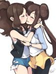  2girls blush breasts brown_hair creatures_(company) double_bun eyebrows eyes_closed game_freak hair_bun highres jacket long_hair maremay0513 mei_(pokemon) multiple_girls nintendo open_mouth pokemon pokemon_(game) pokemon_bw pokemon_bw2 ponytail shirt shorts simple_background tied_hair touko_(pokemon) twintails white_background yuri 