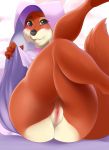  2019 anthro blush canid canine clothed clothing clothing_lift disney dress eyelashes f-ss female fox headdress hi_res legs_up looking_at_viewer maid_marian mammal pussy robin_hood_(disney) solo 