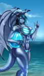  2018 abs ball big_breasts bikini blue_scales breasts clothing dragon eliana-asato ena female green_eyes hair hi_res long_hair muscular outside scales sea summer swimsuit water 