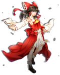  1girl black_hair bow breasts brown_eyes detached_sleeves eyebrows_visible_through_hair floating_hair frilled_bow frills hair_bow hair_tubes hakama hakurei_reimu highres imo_(evekelu-111) japanese_clothes long_hair long_sleeves outstretched_arm red_bow red_shirt ribbon-trimmed_hakama ribbon-trimmed_sleeves ribbon_trim shirt sideboob simple_background sleeveless sleeveless_shirt small_breasts solo touhou white_background white_hakama white_sleeves yellow_neckwear 