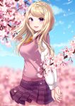  1girl @ ahoge akamatsu_kaede artist_name beamed_eighth_notes blonde_hair blue_sky blurry blurry_background blush breasts cherry_blossoms commentary_request danganronpa day dot_nose eighth_note eyebrows_visible_through_hair from_side hair_ornament happy highres long_hair long_sleeves looking_at_viewer medium_breasts musical_note musical_note_hair_ornament nabekokoa necktie new_danganronpa_v3 orange_neckwear outdoors pink_sweater_vest pleated_skirt purple_eyes school_uniform shirt skirt sky smile solo standing sweater_vest 