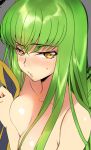  1girl bangs blush breast_press breasts c.c. cleavage code_geass collarbone covering covering_breasts creayus embarrassed eyebrows_visible_through_hair green_hair grey_background holding long_hair looking_at_viewer medium_breasts nude parted_lips shiny shiny_hair shiny_skin simple_background solo sweat tsurime upper_body yellow_eyes 