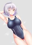  1girl ahoge alternate_costume arm_up bangs bare_arms bare_shoulders black_swimsuit blush breasts brown_eyes commentary_request competition_swimsuit dutch_angle eyebrows_visible_through_hair fate/grand_order fate_(series) gluteal_fold grey_background grin groin hair_between_eyes hand_behind_head highleg highleg_swimsuit highres jeanne_d&#039;arc_(alter)_(fate) jeanne_d&#039;arc_(fate)_(all) large_breasts one-piece_swimsuit one_eye_closed short_hair silver_hair simple_background smile solo swimsuit wet zuizhong 