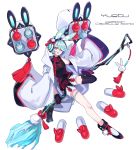  1boy absurdres animal_ears asymmetrical_footwear blue_hair boots broom bunny_ears coat headphones highres macchoko magical_boy male_focus original pill pink_eyes rocket_launcher shirt shorts single_thighhigh sleeveless sleeveless_shirt smile solo tassel thighhighs weapon white_coat 