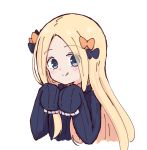  1girl :q abigail_williams_(fate/grand_order) bangs black_bow black_dress blonde_hair blue_eyes blush bow closed_mouth commentary_request cropped_torso dress fate/grand_order fate_(series) forehead hair_bow hands_up head_tilt kujou_karasuma long_hair long_sleeves looking_at_viewer no_hat no_headwear orange_bow parted_bangs simple_background sleeves_past_fingers sleeves_past_wrists smile solo tongue tongue_out upper_body very_long_hair white_background 