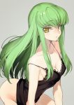 1girl ass bare_arms bare_shoulders breasts c.c. camisole cleavage closed_mouth code_geass collarbone creayus eyebrows_visible_through_hair green_hair grey_background hair_ornament long_hair looking_at_viewer medium_breasts simple_background solo straight_hair strap_slip underwear underwear_only yellow_eyes 