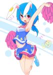  1girl animal_ears arm_up armpits blue_footwear blue_hair blue_panties blue_shirt blue_skirt blush bunny_ears bunny_tail cheerleader crop_top ear_clip highres inon leg_up long_hair low_twintails midriff miniskirt navel open_mouth panties panty_peek pom_poms red_eyes seiran_(touhou) shirt shoes skirt sleeveless sleeveless_shirt socks solo standing standing_on_one_leg tail touhou twintails underwear wind wind_lift 