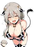  2girls animal_ears animal_print bangs bare_shoulders bell bell_collar bikini blush breast_hold breasts cleavage collar collarbone cow_ears cow_girl cow_horns cow_print cow_tail crossed_arms eyes_closed grey_hair hair_between_eyes horns horosuke_(toot08) large_breasts leaning_forward long_hair multiple_girls open_mouth short_hair side_ponytail sidelocks smile sweat swimsuit tail thighhighs thighs uzaki-chan_wa_asobitai! uzaki_hana uzaki_tsuki wavy_mouth 