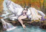  1girl bare_legs bare_shoulders barefoot breasts closed_eyes elf feet grey_hair highres horse long_hair long_pointy_ears miso_(b7669726) no_bra no_panties original pointy_ears shoes shoes_removed sleeping water white_horse 