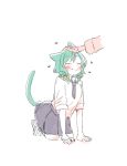  1girl ^_^ all_fours animal_ears bang_dream! bangs blush bow bowwow_(hamju94) cat_ears cat_tail closed_eyes collared_shirt eyes_closed green_hair hair_bow heart hikawa_hina kemonomimi_mode necktie petting shirt side_braids simple_background skirt sleeves_rolled_up smile solo solo_focus tail white_background white_shirt yellow_bow 
