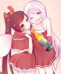  2girls alcohol alternate_costume arm_around_neck azur_lane bangs bare_shoulders belt blue_eyes bottle breasts brown_hair champagne christmas cleavage collarbone commentary_request detached_sleeves enterprise_(azur_lane) eyebrows_visible_through_hair graphite_(medium) hair_ornament hair_ribbon highres holding_another&#039;s_arm long_hair looking_at_viewer looking_back mechanical_pencil multiple_girls one_eye_closed open_mouth pencil ponytail red_clothes ribbon sack skirt traditional_media tsuyumaru very_long_hair white_hair yellow_eyes zuikaku_(azur_lane) 
