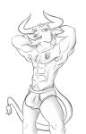  2019 abs anthro armpit_hair athletic biceps bovid bovine briefs bulge cattle chest_tuft clothed clothing digital_drawing_(artwork) digital_media_(artwork) ear_piercing front_view fur grin hi_res horn jewelry long_tail looking_at_viewer madlag male mammal markings monochrome mostly_nude muscular muscular_male pecs piercing pose pubes signature smile solo solo_focus standing tattoo teeth topless tuft underwear 