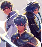  1girl 2boys blue_eyes blue_hair cape father_and_daughter fingerless_gloves fire_emblem fire_emblem:_ankoku_ryuu_to_hikari_no_tsurugi fire_emblem:_kakusei fire_emblem:_monshou_no_nazo fire_emblem:_shin_ankoku_ryuu_to_hikari_no_tsurugi fire_emblem:_shin_monshou_no_nazo fire_emblem_heroes gloves haraitai highres holding holding_sword holding_weapon krom long_hair looking_at_viewer lucina marth multiple_boys nintendo pauldrons smile super_smash_bros. sword tiara traditional_media watercolor_(medium) weapon 