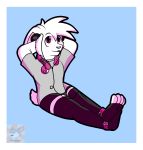  bluizer clothing collar foot_focus fur headphones hi_res lagomorph legwear long_socks looking_at_viewer mammal plate purple_eyes rabbit sitting stockings white_buiz white_fur ying_yang 