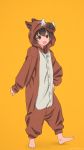  1girl :d akagi_(fmttps) artist_name bangs barefoot brown_eyes brown_hair chinese_zodiac commentary eyebrows_visible_through_hair full_body girls_und_panzer hand_on_hip highres looking_at_viewer nakajima_(girls_und_panzer) open_mouth orange_background pajamas pig_costume short_hair simple_background smile solo standing toes_up twitter_username year_of_the_pig 