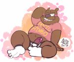  2019 anthro belly blush brandon_(ok_k.o.!_let&#039;s_be_heroes) brown_fur bulge clothing fur humanoid_hands humanoid_penis male mammal ok_k.o.!_let&#039;s_be_heroes overweight overweight_male penis shirt sitting solo teeth the-alfie-incorporated tongue tongue_out underwear ursid 