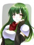  1girl aone_hiiro black_gloves blush breastplate elbow_gloves fingerless_gloves fire_emblem fire_emblem:_monshou_no_nazo gloves green_hair headband long_hair nintendo paola parted_lips simple_background solo upper_body white_headband yellow_eyes 