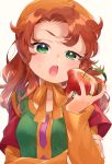  1girl apple breasts commentary_request curly_hair dragon_quest dragon_quest_vii dress food fruit green_eyes hat highres hood jewelry long_hair looking_at_viewer maribel_(dq7) open_mouth red_hair ring simple_background solo white_background yupiteru 