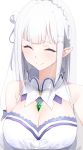  1girl ^_^ absurdres bangs bare_shoulders breasts cleavage closed_eyes closed_mouth emilia_(re:zero) eyebrows_visible_through_hair eyes_closed flower furrowed_eyebrows hair_flower hair_ornament highres large_breasts long_hair neko_(pixiv28238559) pointy_ears re:zero_kara_hajimeru_isekai_seikatsu simple_background smile solo straight_hair white_background white_flower white_hair 