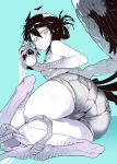  2019 absurd_res avian beverage black_hair blush breasts butt butt_focus camel_toe clothed clothing feathers female hair harpy hi_res holding_object karasu_chan looking_at_viewer looking_back lying shorts solo sweat teal_background teal_eyes tight_clothing 
