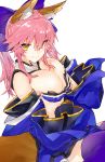  animal_ears breast_grab cleavage fate/grand_order japanese_clothes kitsune kou_mashiro open_shirt tail tamamo_no_mae thighhighs 